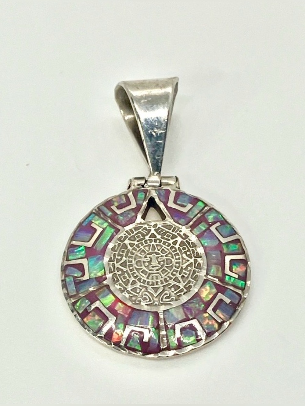 Vtg Taxco Cardenas 950 Silver Aztec Calendar Sun Faux Opal Inlay Pendant
